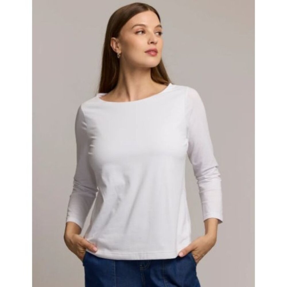 Hinson Wu White 3/4 Sleeve Boat Neck Double Knit Panel Shirt S